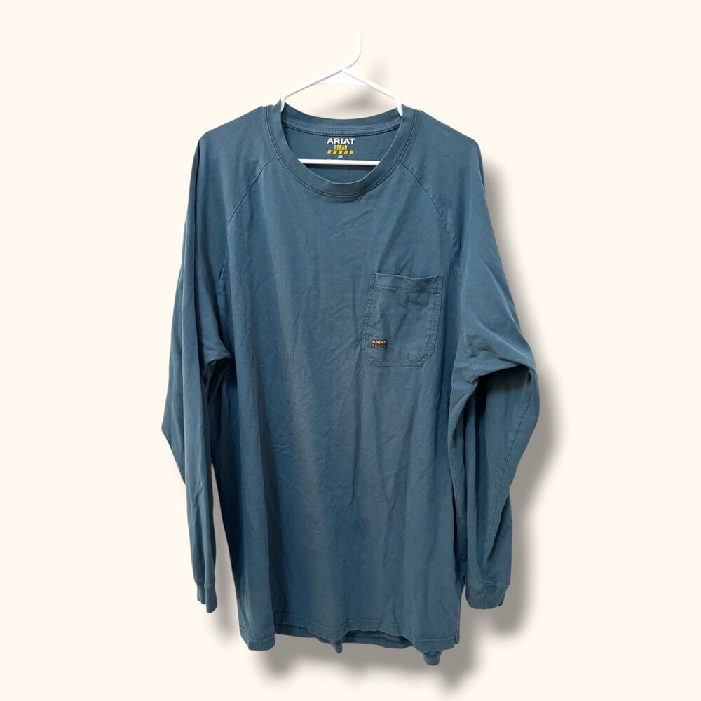 Ariat Long Sleeve Shirt Mens XLT Rebar Pocket Tee Logo Sleeve Blue Gray Workwear